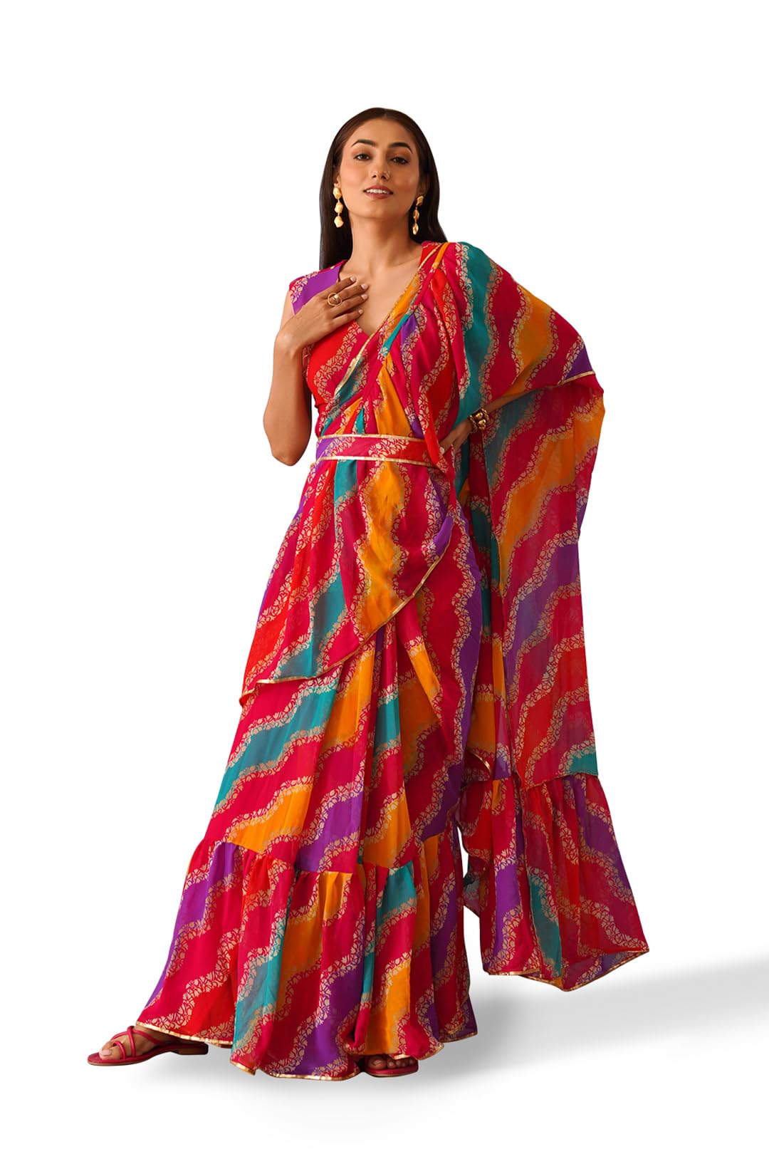 WomanistaWomen's Printed Georgette Leheriya Ruffle Saree (TI6349_Multi)