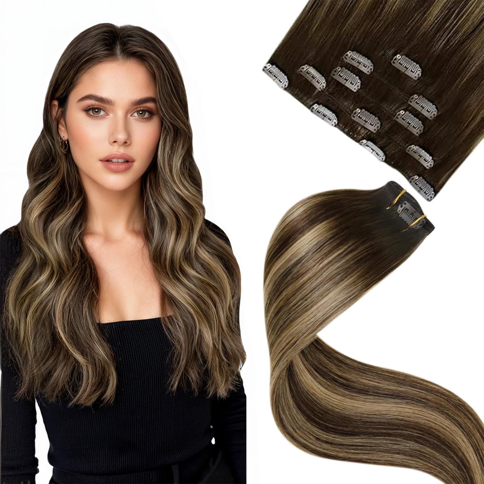 LaaVoo Clip in Hair Extensions Brown Balayage Human Hair Clip in Extensions Brown Ombre Caramel Blonde Hair Extension Clip ins Silky Straight 18 Inch 5pcs 80g