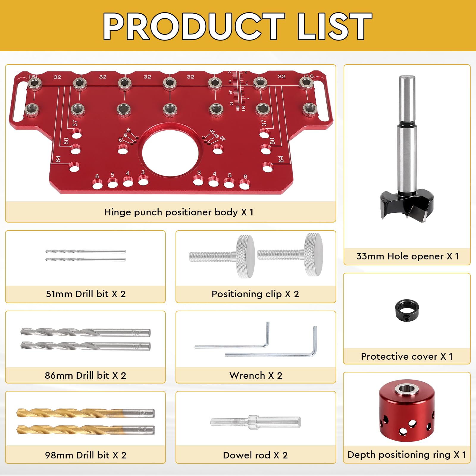 Regalstift-Bohrvorrichtung Rot Shelf Pin Jig und Cabinet Hinge Jig 2 in 1 Regalstiftvorrichtung und 35mm Scharniervorrichtung Alu Lochreihen Bohrschablone mit 5mm und 1/4 Zoll Bohrern (Kurz)