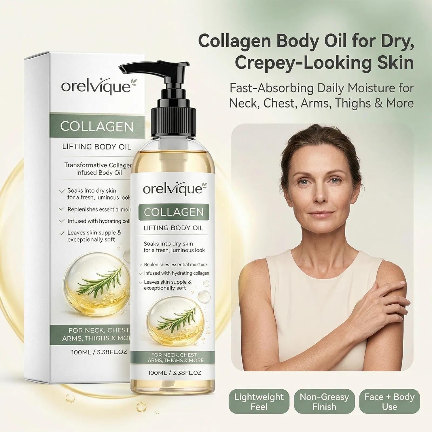Orelvique Collagen Oil For Skin Tightening, Firming Moisturizing Oil for Arms, Legs, Neck & Face, Fast-Absorbing Non-Greasy Formula with Marine Collagen, Jojoba, Shea Butter, Aloe Vera (2pc)