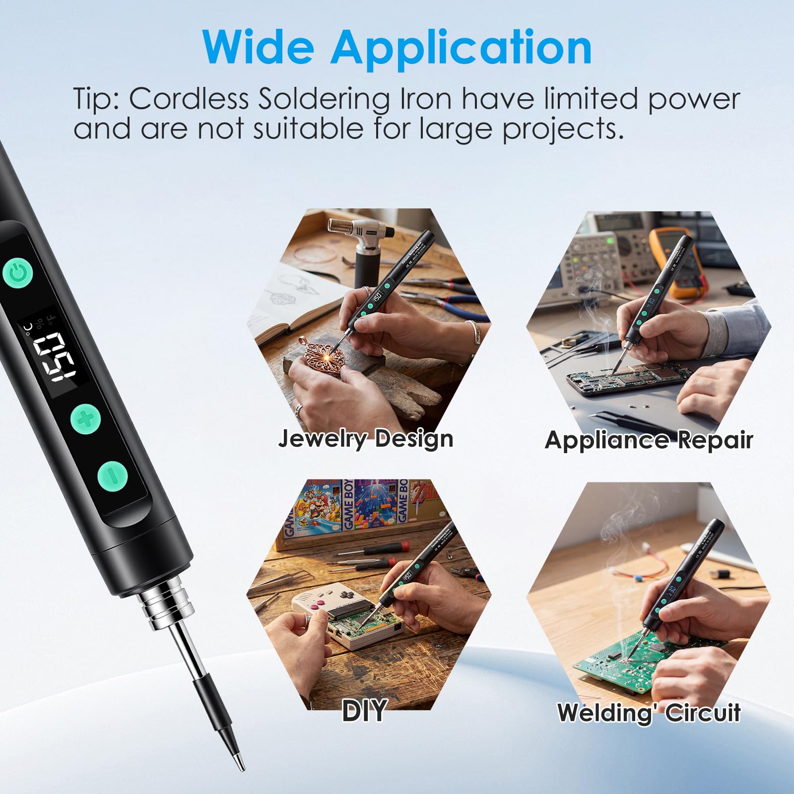 Fer à Souder sans Fil Kit - 1100mAh USB Rechargeable avec Port Type-C, Température Ajustable Numérique LCD Thermostatique pour Réparation Appareils Ménagers, DIY - Noir
