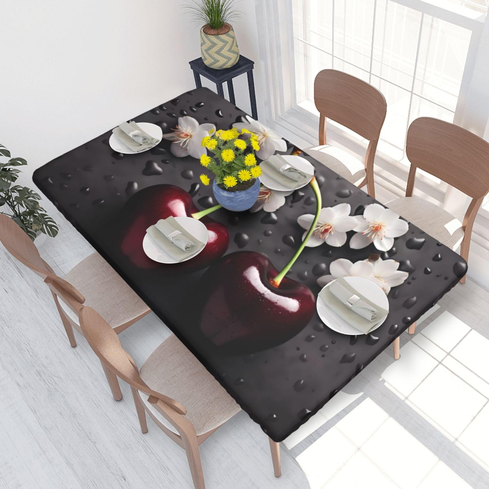 Daisy Heart Love Romance Waterproof Square Table Cover Elastic Fitted Tablecloth Oil Proof Table Protector For 4ft Table