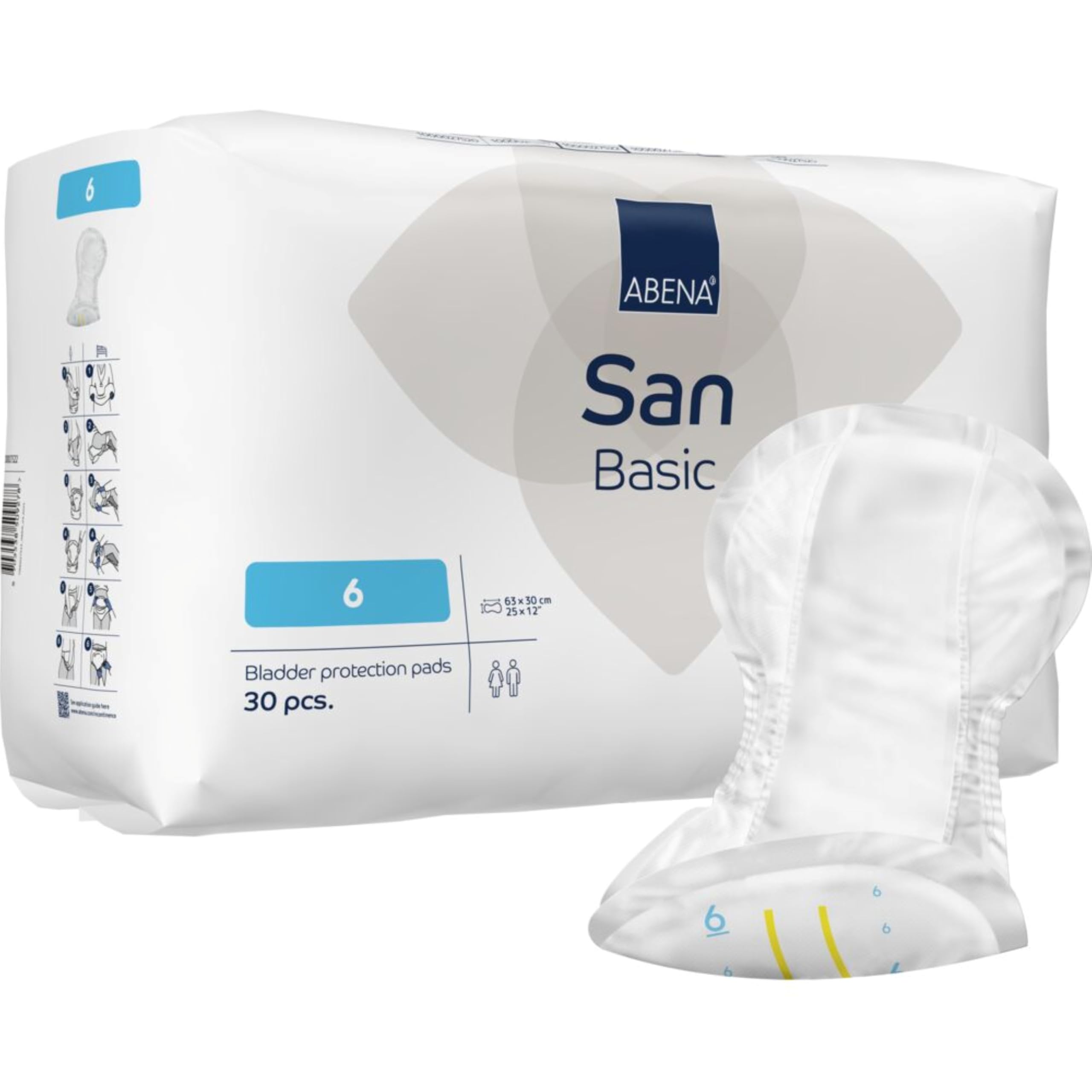 ABENA Basic San 6, 1300ml, Pack of 30, 63x30cm, Incontinence Pads for Men & Women, Breathable, Discreet Shaped Pads for Moderate to Heavy Bladder Weakness, Fast Absorption, Odour & Leak Protection