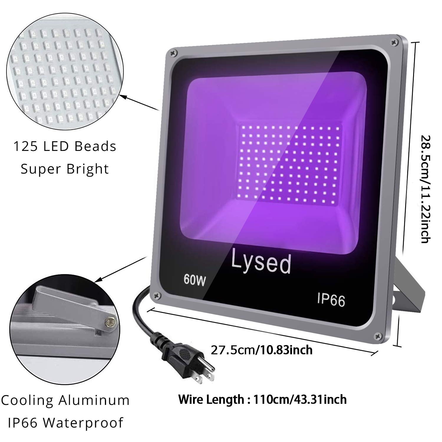Lysed 60W LED Black Light,Blacklight Flood Light with Plug, IP66 Waterproof, Black Lights for Glow Party,Glow in The Dark, Stage Lighting, Aquarium, Body Paint, Fluorescent Poster, Neon Glow