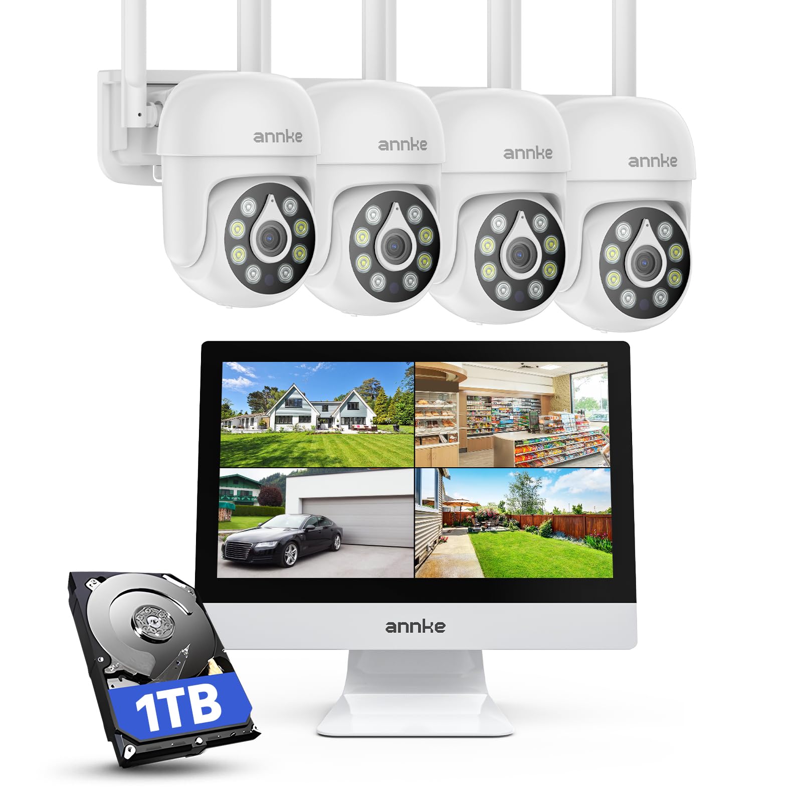 ANNKE Zestaw kamer do monitoringu zewnętrznego, WLAN z monitorem 12", 10CH 1TB HDD NVR | 4 x 3K 5 MP 360° PTZ kamery WiFi, 2-drożne audio, alarm Spotlight, noktowizor, monitorowanie ruchu, nagrywanie 24/7