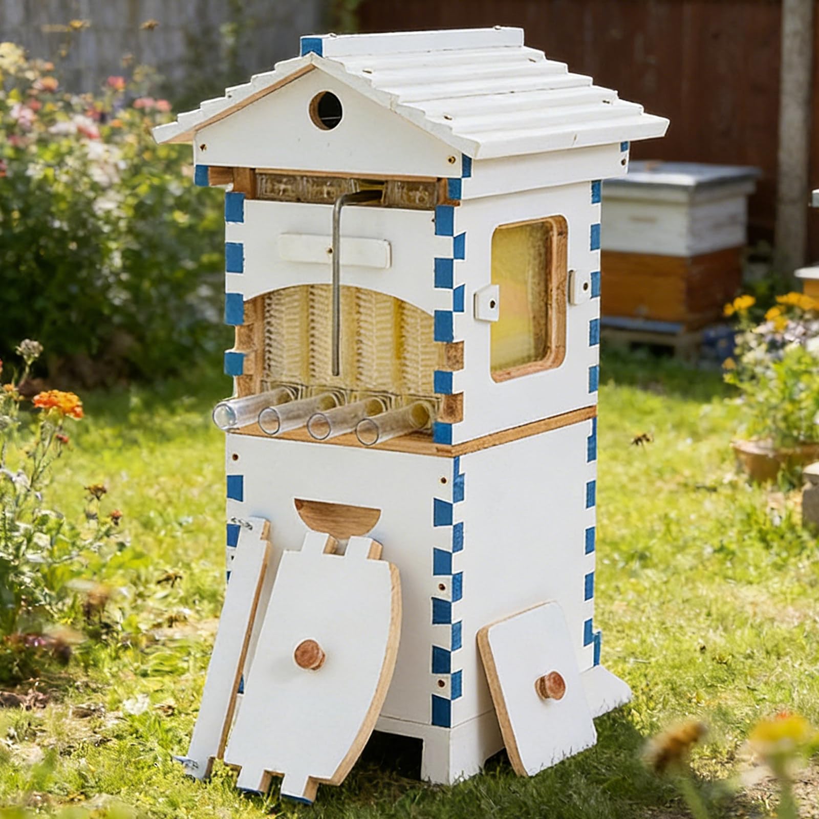 Verbesserter 2-In-1-Honigernte-Bienenstock – Bienen Halten Und Reinen Honig Ohne Werkzeug Ernten,Selbstfluss-Starterset,Mini-Holzbienenstock Mit Sichtfenster Für Den Balkon Bake-Painted