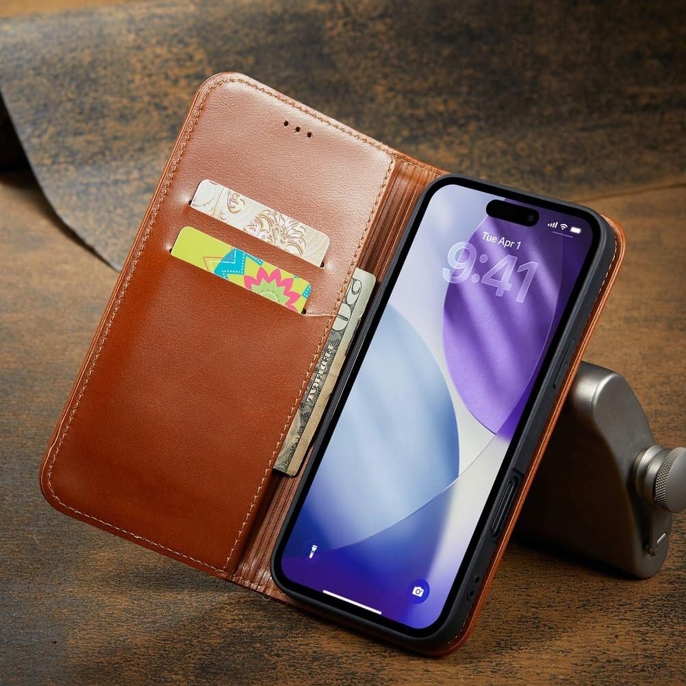 Etui portfelowe na iPhone'a 17, etui z prawdziwej skóry, etui z klapką, podpórka, uniwersalne etui ochronne (brązowe)