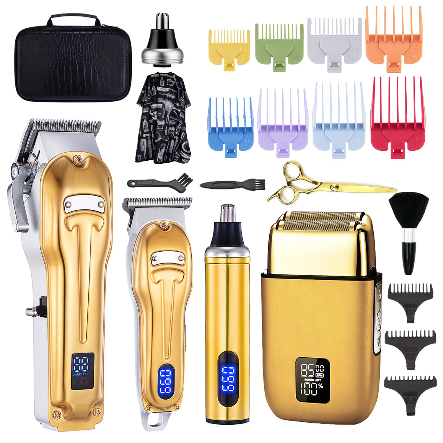 RoziaproProfessional Hair Clippers for Men Zero Gapped T-Blade Trimmer Cordless Nose Hair Trimmer Electric Foil Shaver Rechargeable Hair Grooming Set with LED Display (Gold)
