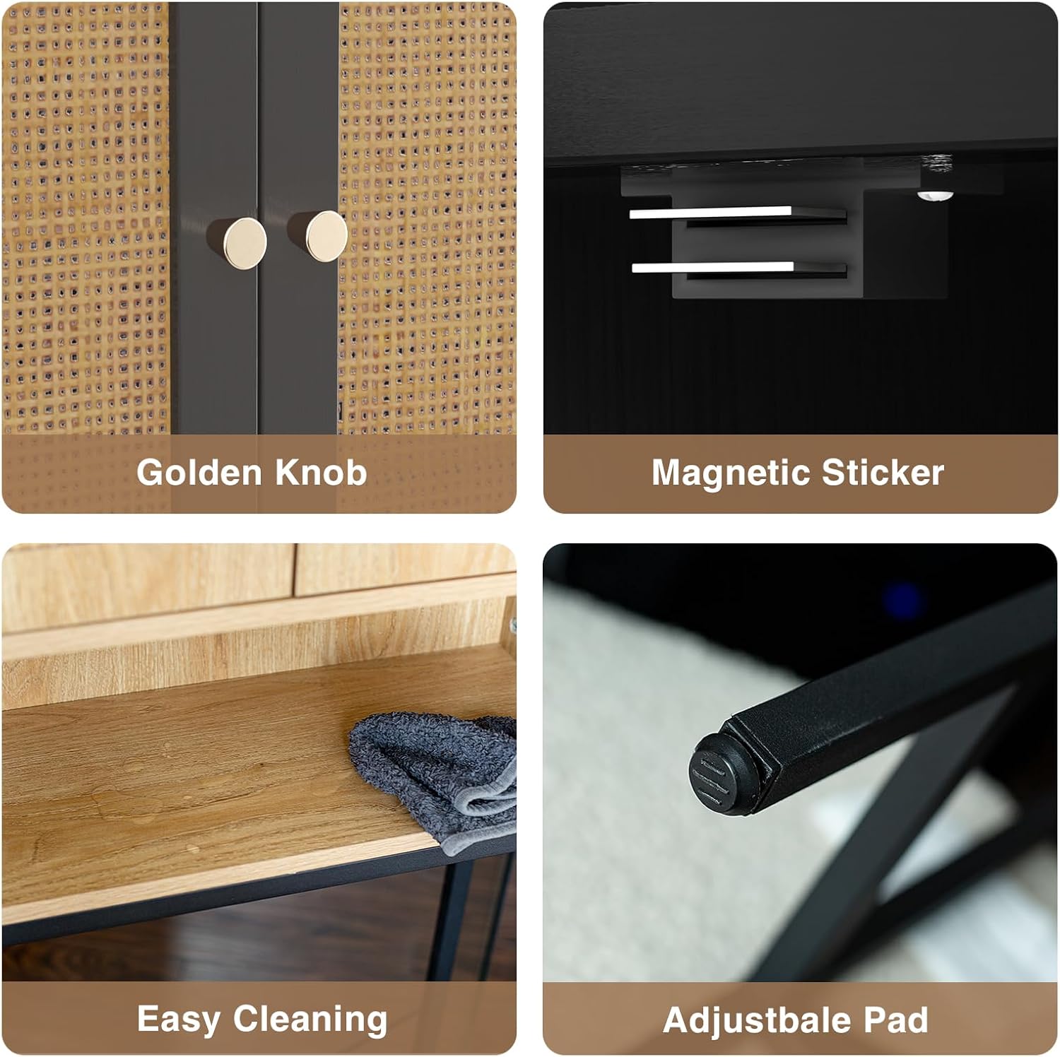 Close-up images showing the golden knob, magnetic sticker, easy-to-clean surface, and adjustable pad of the cabinet.