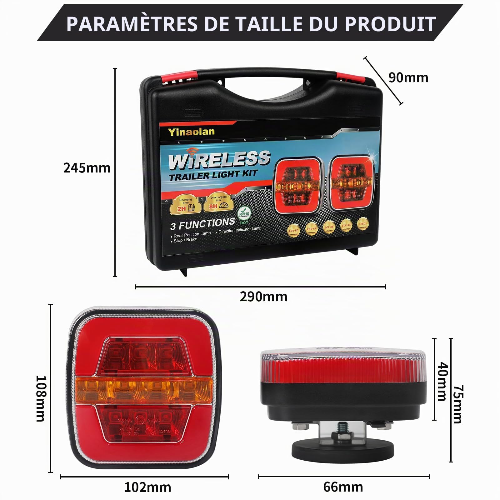 Kit de feux arrière à LED sans fil, aimant pour panneau d'éclairage de remorque 12/24 V - 5 fonctions, étanche, rechargeable avec aimant, certificat E-Mark