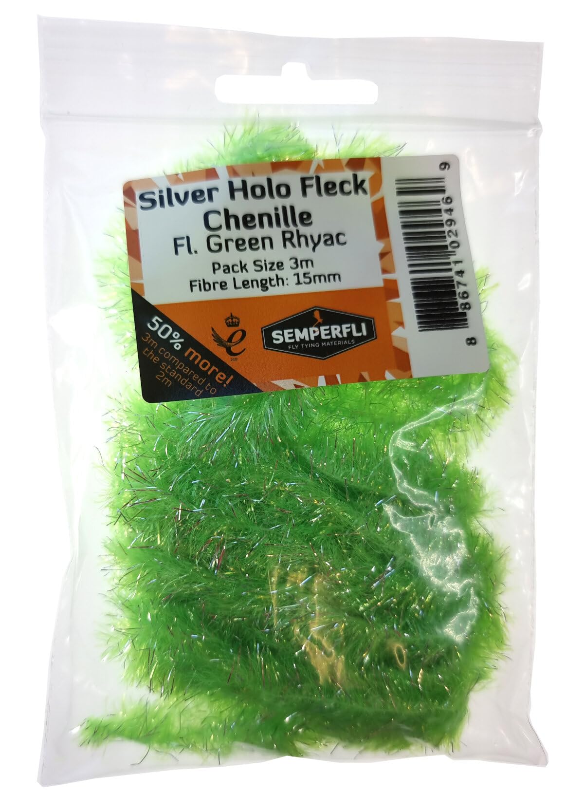 Semperfli Fluoro Silver Holographic Fleck Chenille 15mm Green Rhyac