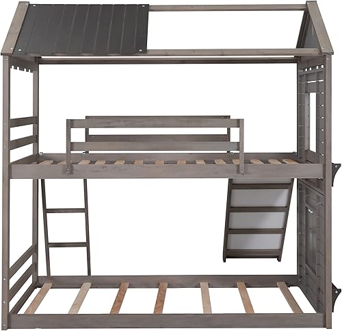 Miniatura 5 de Woanke Litera individual sobre individual marco de cama de madera con techo escalera tobogán ventana y barandilla para niños adolescentes niñas