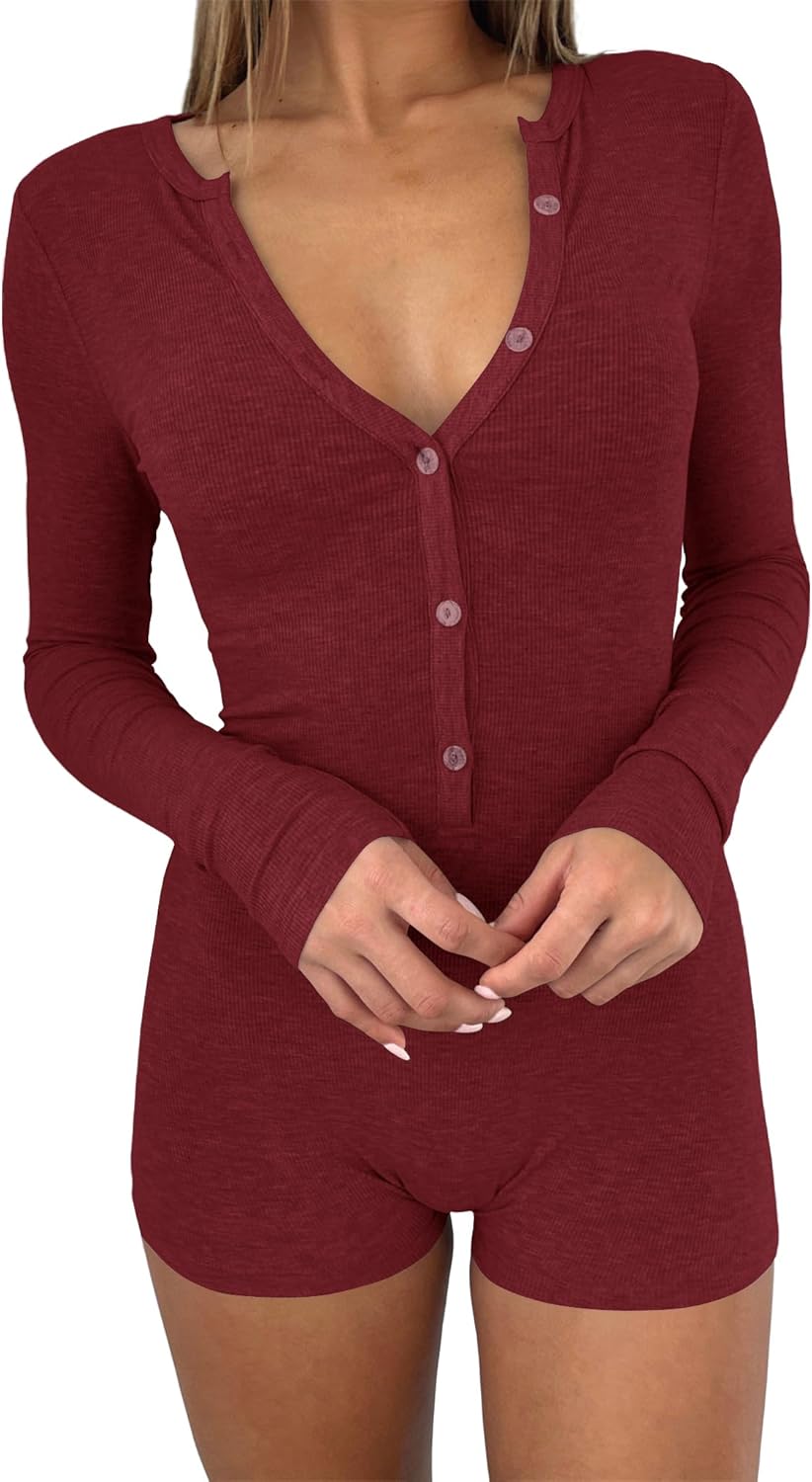 REVETRO Women's 2026 Spring Sexy V Neck Long Sleeve Shorts Romper Y2k One Piece Jumpsuit Bodycon Pajama Set Gym Bodysuit - Image 2