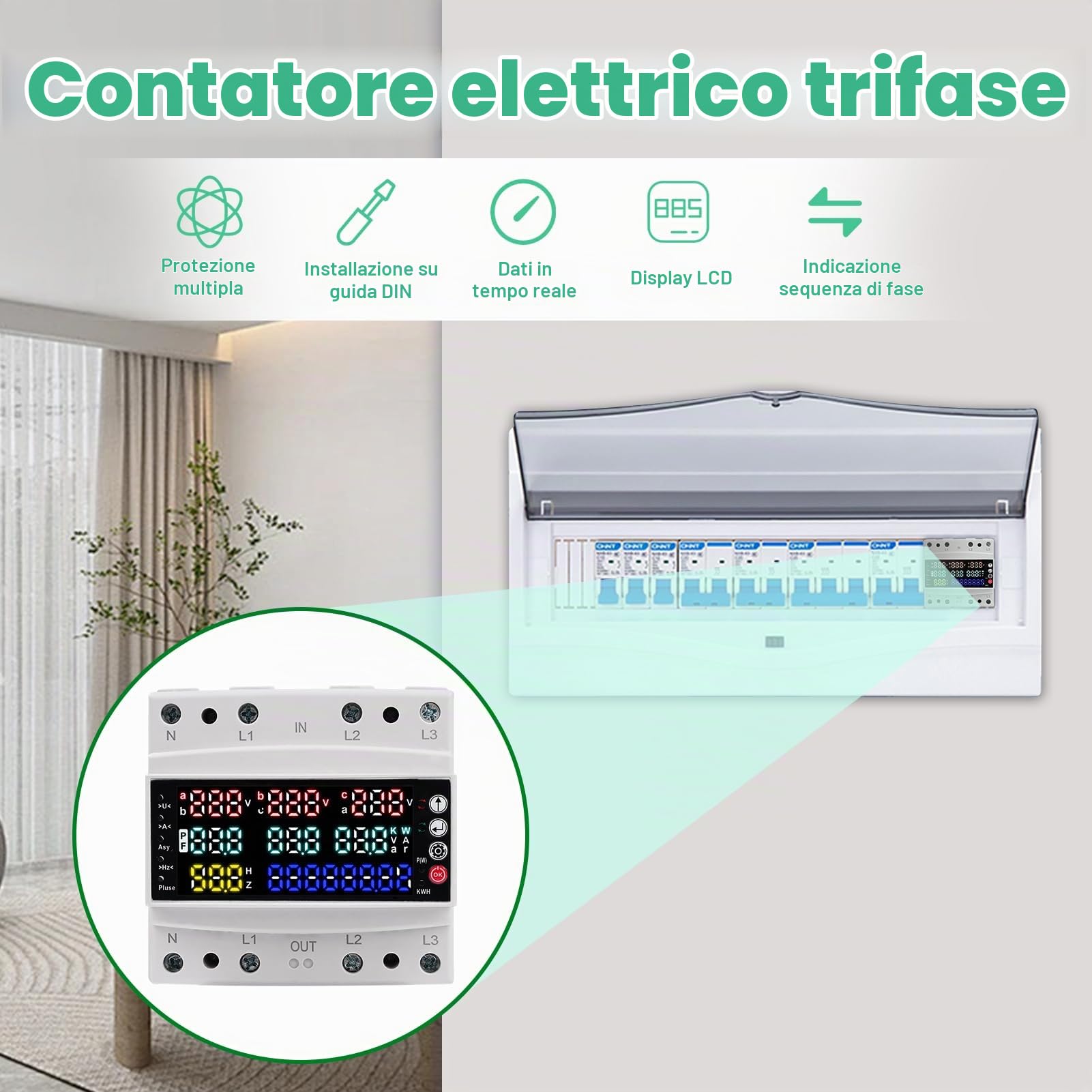 DEWIN Misuratore di Consumo Elettrico Trifase,100A AC 230V Contatore Energia Elettrica Trifase Wifi con Sbilanciamento di Tensione/Ritardo di Sovracorrente/Sottotensione E Protezione
