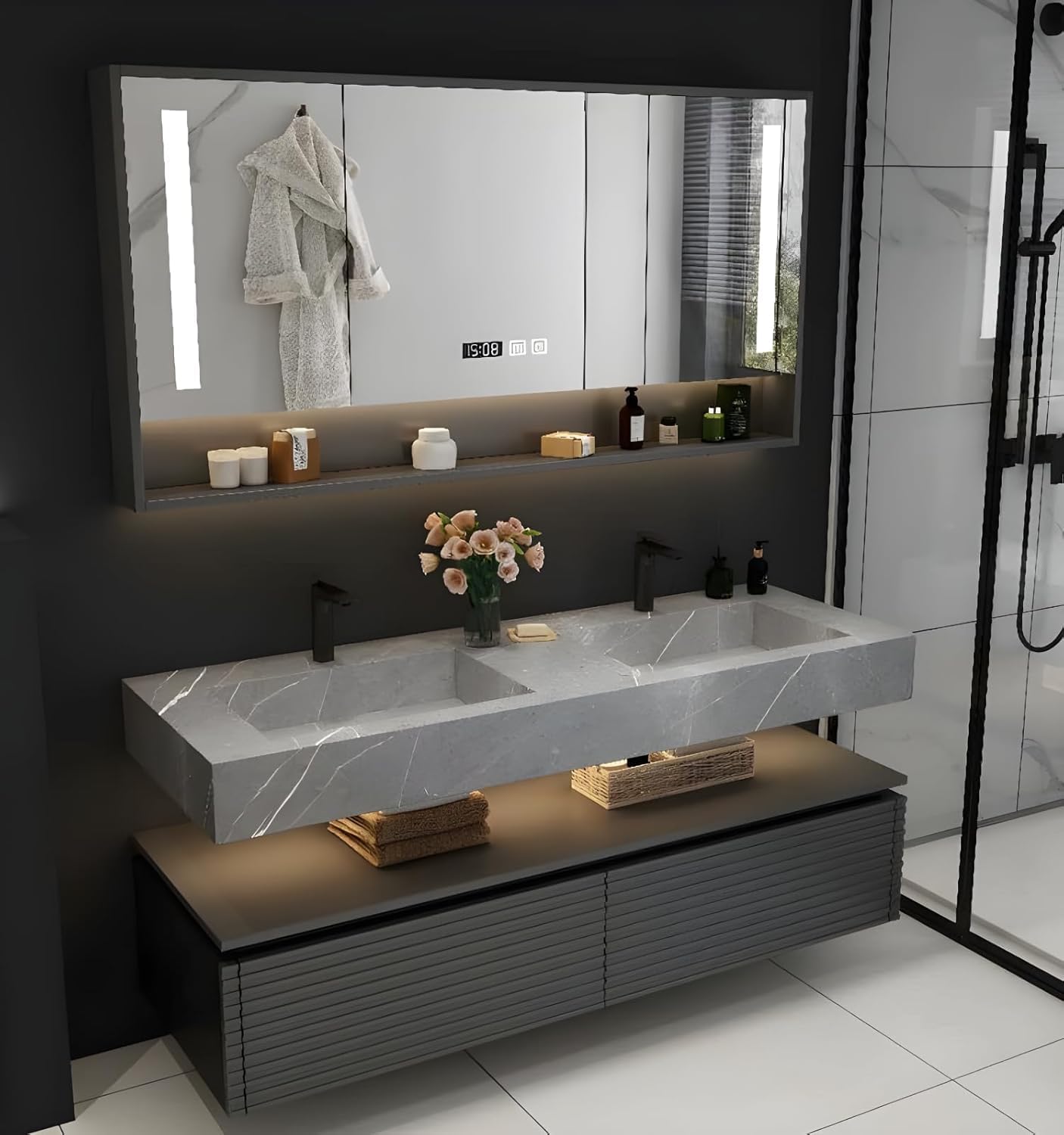 60IN Double Sink Bathroom Vanity - Bathroom Vanity Set with LED Smart Defog Mirror, Large Countertop, Integrated Sink, Includes Accessories, Grey