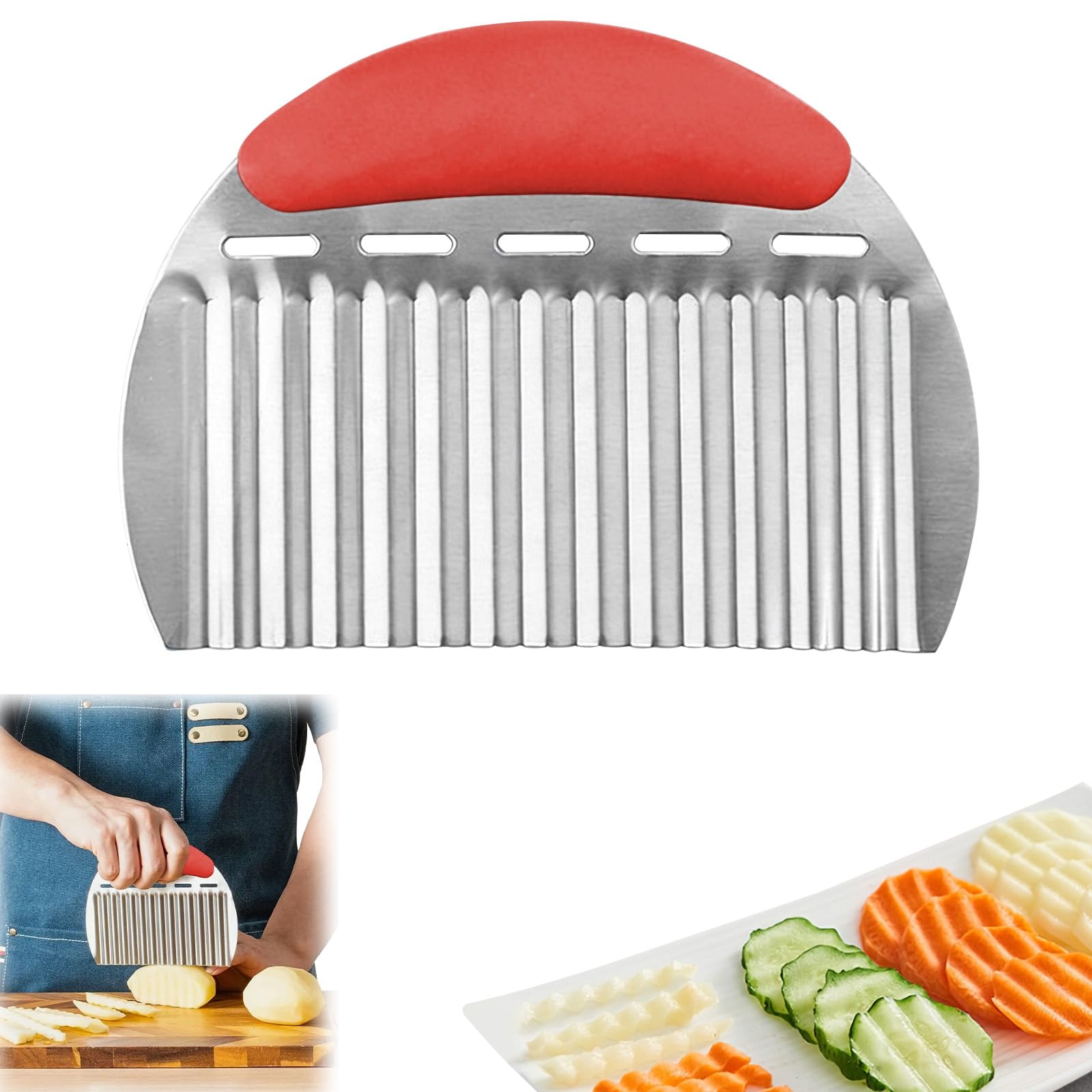 2 Piece Stainless Steel Crinkle Cutter with Wavy Slicer,Potato Crinkle Fry Cutter for Veggies (Red)