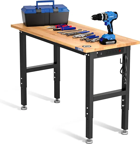 WORKPRO Adjustable Garage Workbench, 48"x22" Rubber Wood Top Heavy-Duty Work Desk with Power Outlets, Leveling Foot, 5 Heights, 1500 LBS Load Capacity Work Benches for Garage, Workshop 48"x2