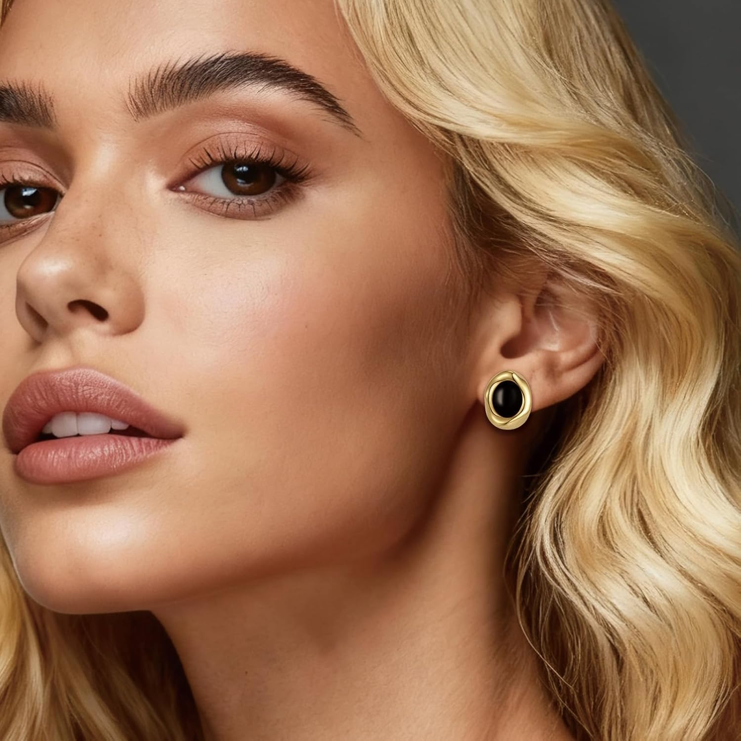 Gold Earrings for Women Oval Stud Trendy 14K Gold Plated Black Brown Stone Earrings Hypoallergenic - Image 3