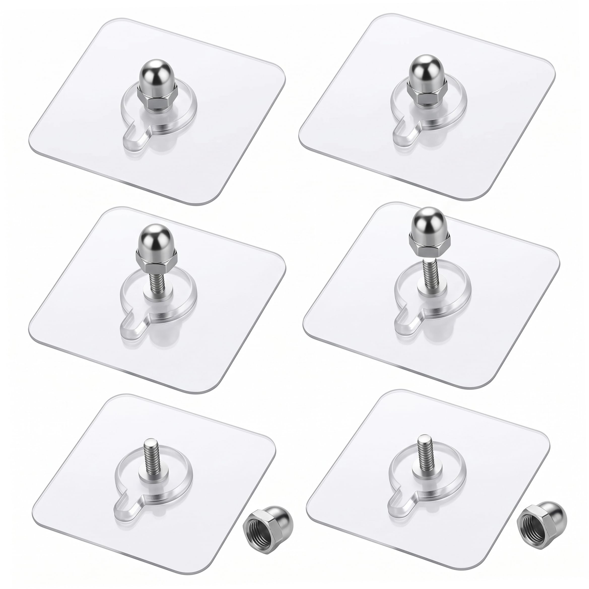 6pcs No Drill Adhesive Wall Hooks 2.4x2.4 Inch for Hanging, Reusable Picture Hangers Without Nails Nail-Free Mounts, Silver