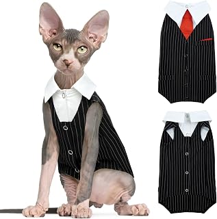 Bonaweite Cat Tuxedo for Cats Only, Sphynx Cat Outfit Bow Tie Tuxedo Suit Clothes, Formal Kitten Attire Shirts Vest for Male Female Cats, Cat Wedding Costumes for Cornish Rex, Devon Rex, Peterbald