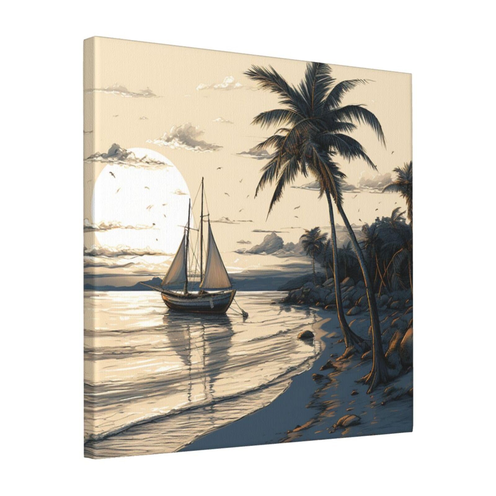 FodPand Palm Trees Fishing Boat Canvas Wall Art for Living Room Wall Decor 16"x16" Modern Artwork Painting Pictures Hanging Canvas Prints Aesthetic Wall Art for Bedroom Bathroom Office Wallart Decor
