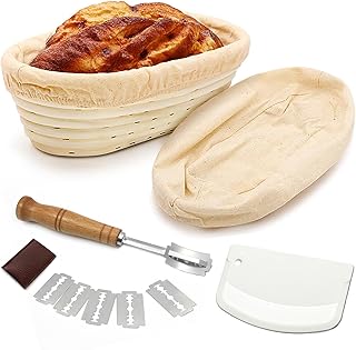 Sourdough Proving Basket Oval, Bread Banneton Proofing Basket Set, Natural Rattan Bread Proofing Basket, Versatile Practical Bread Basket - with Bread Lame, Dough Scraper, Linen Liner, 10 inch / 25 cm