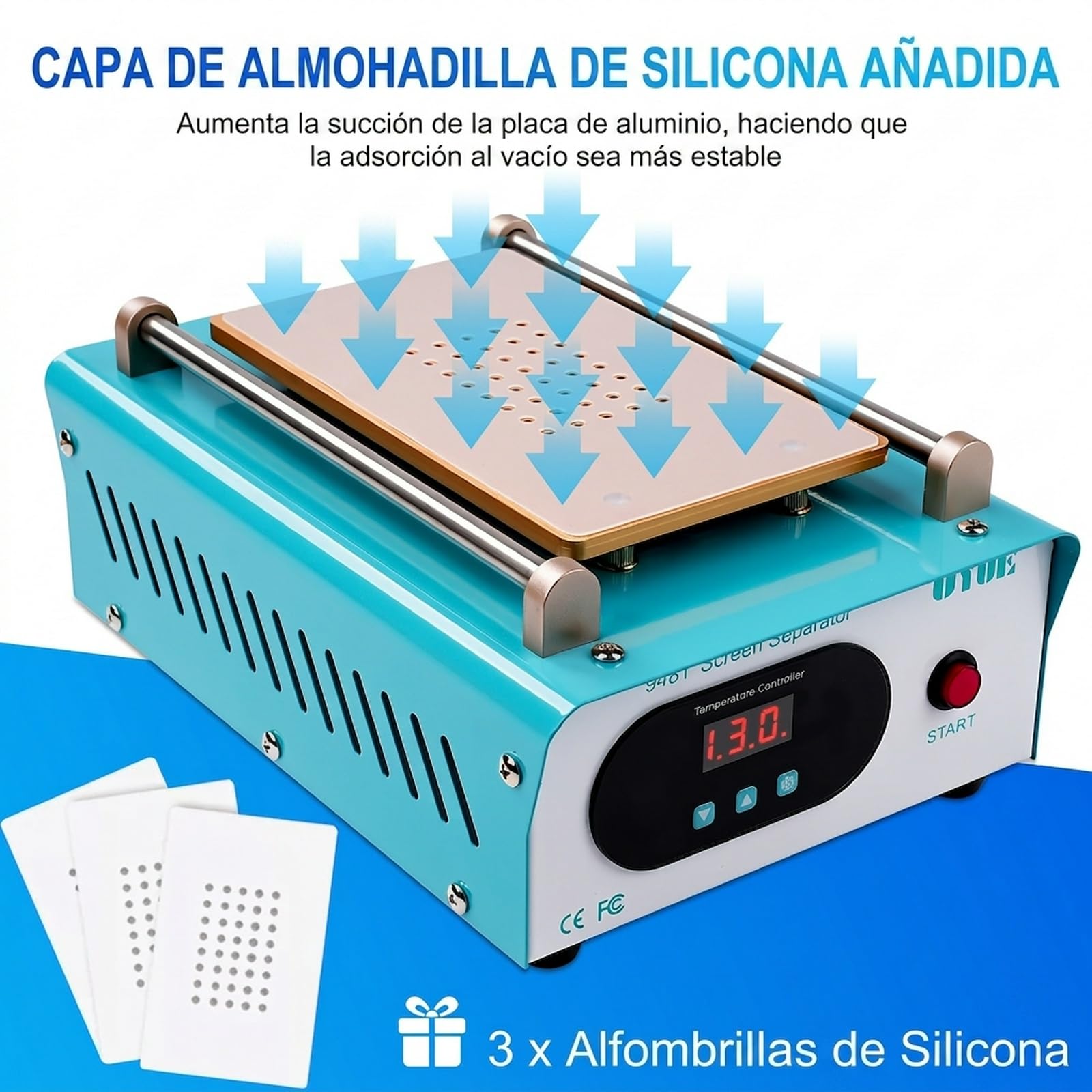 Separador de Pantalla para telefono movil Placa calefactora reparacion Pantalla LCD Separador de Pantalla Caliente Separador de Pantalla con 3 Almohadillas de Silicona Azul UYUE948T AC 220V.