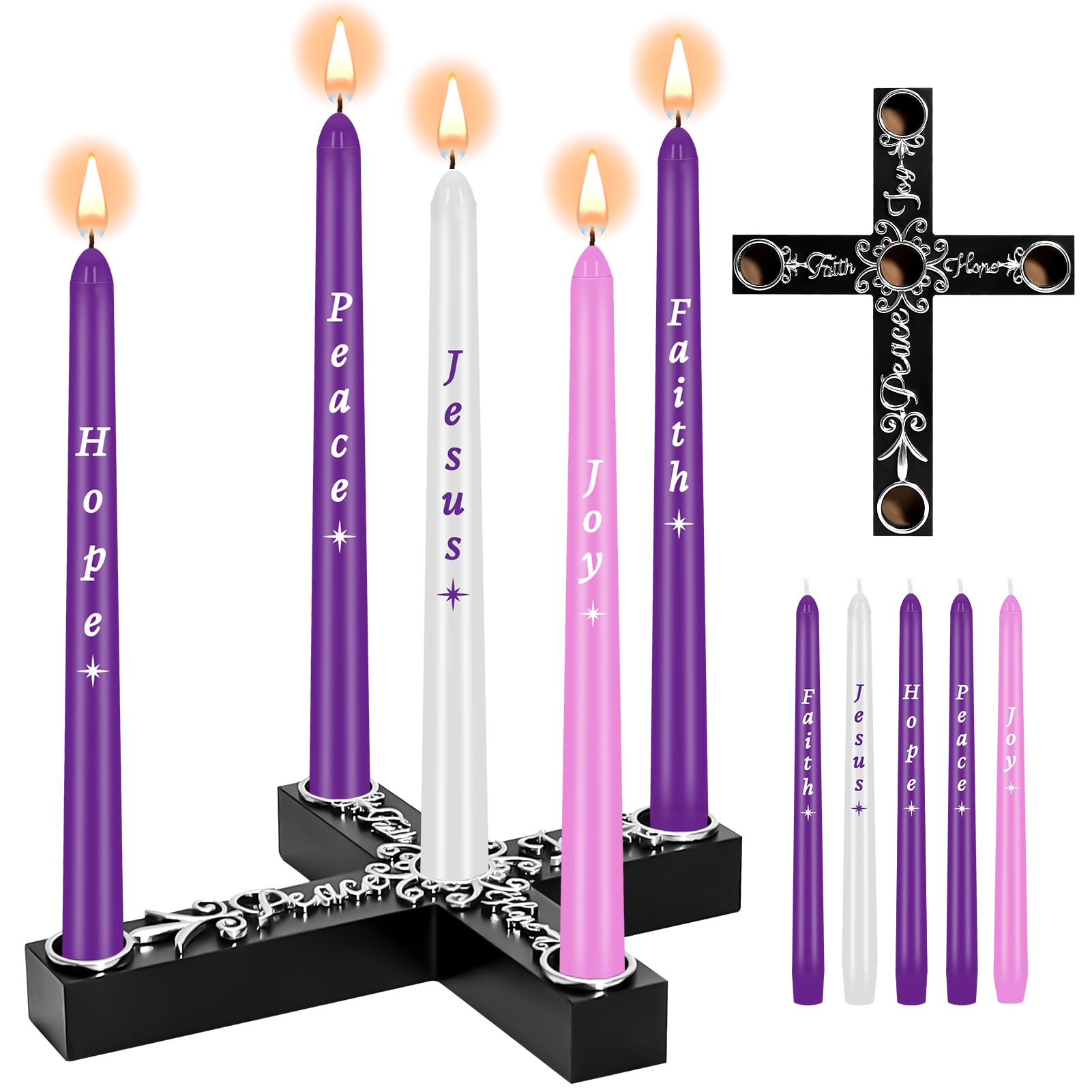 Set di 5 candele natalizie per l'avvento e per presepe, candele colorate con croce in legno e nodo celtico, regalo di Natale religioso per casa, chiesa, caminetto, centrotavola