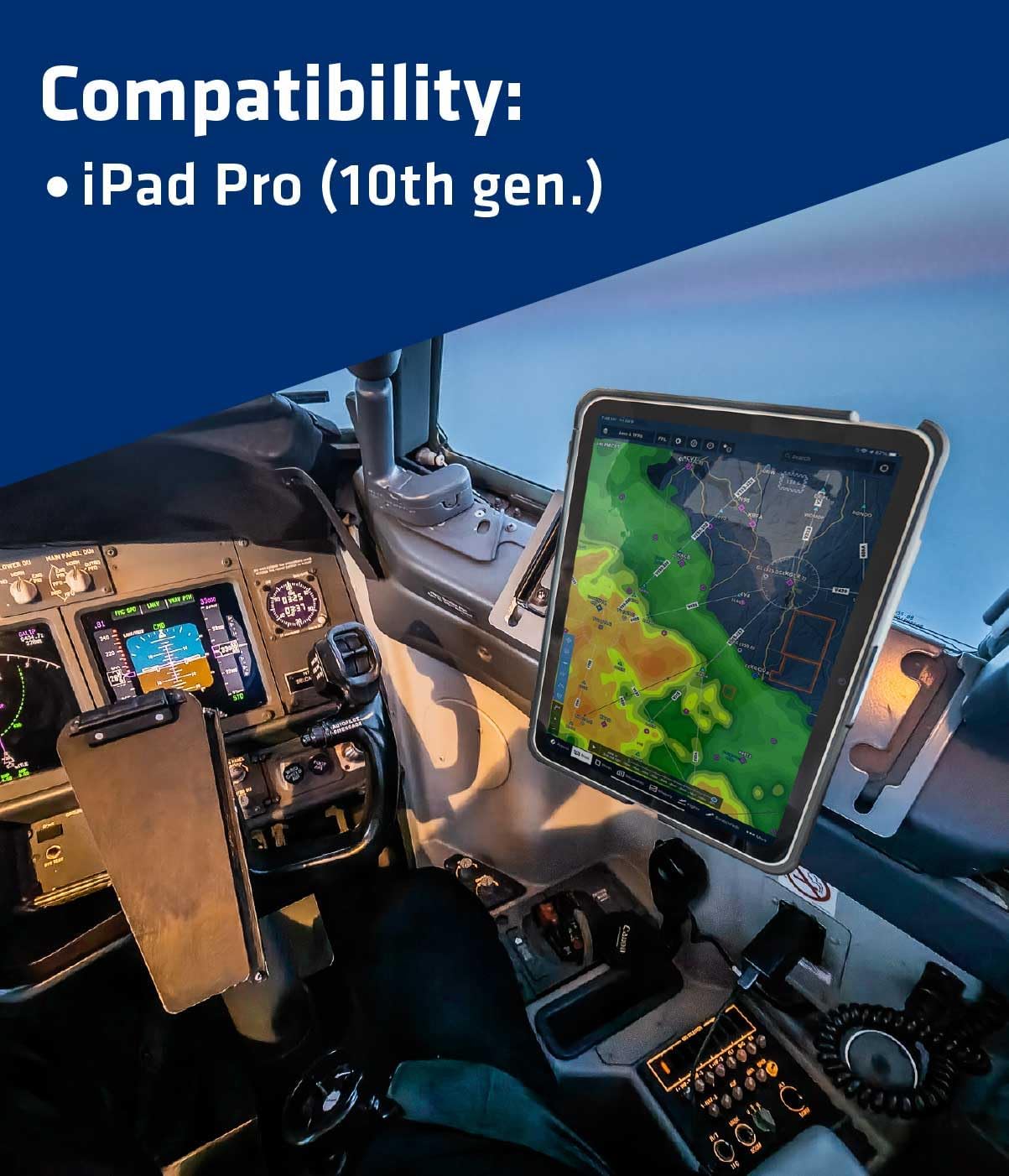 iPad in PIVOT case mounted in an aircraft cockpit.