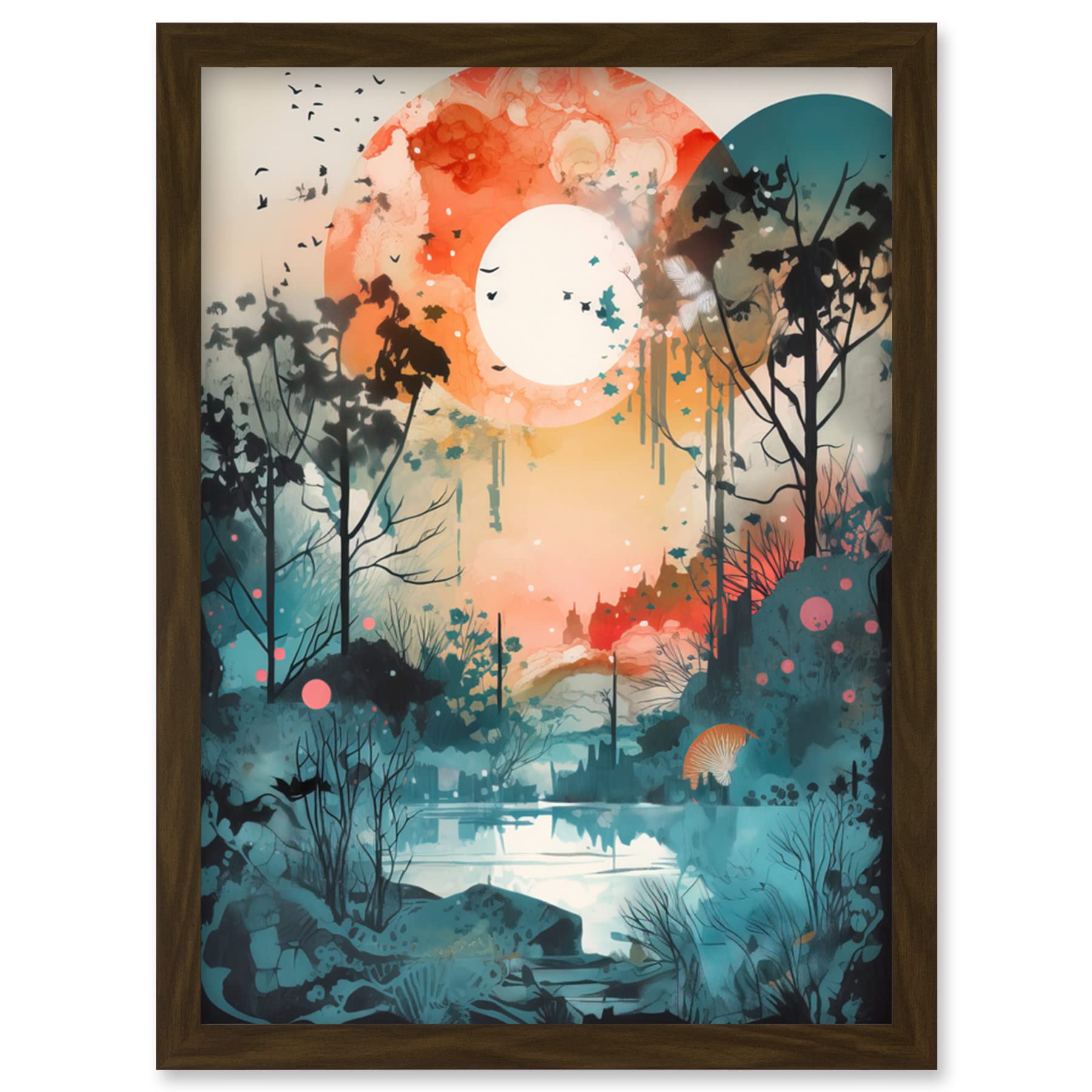 Artery8 Lakeside Forest Landscape Peaceful Sunrise Morning Modern Watercolour Painting Artwork Framed Wall Art Print A4