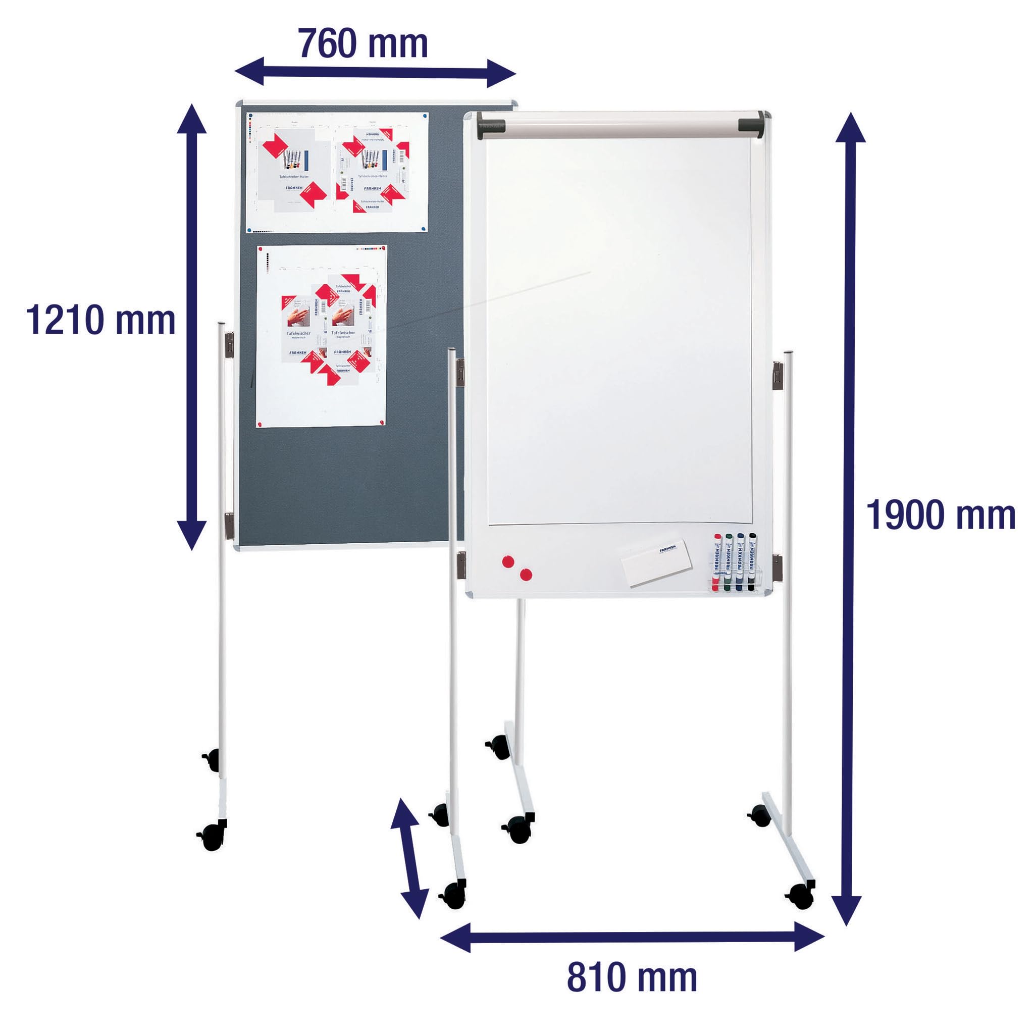 FRANKEN KombiFlipchart ECO, doppelseitig, pinnbar & lackiert, magnetisch, beschreibbar, trocken abwischbar, 76 x 121 cm, grau/Filz & lackierte Schreiboberfläche, mit Standbeinen und Rollen, UMT FC