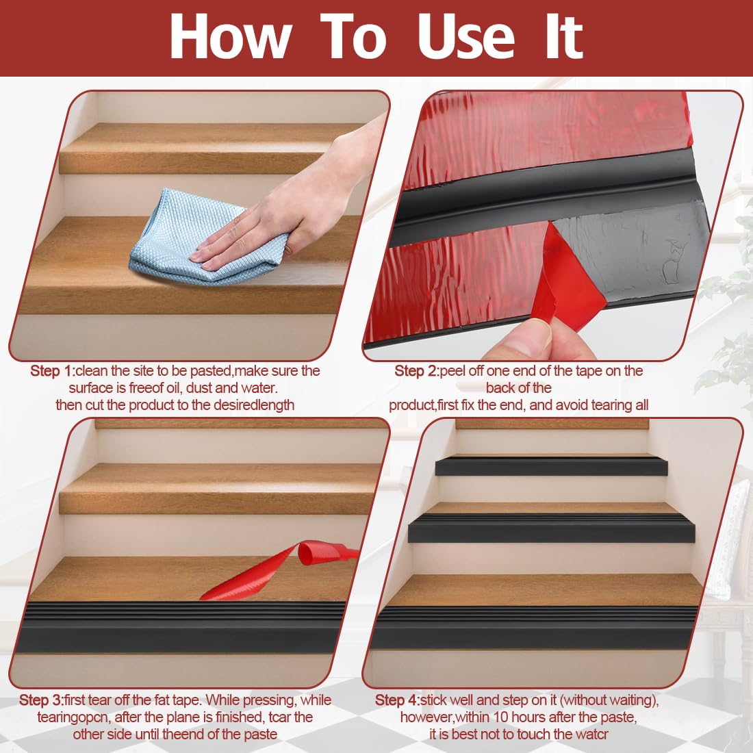 Protector antideslizante para bordes de escaleras, perfil autoadhesivo, antideslizante para exteriores e interiores (negro, 4 m)