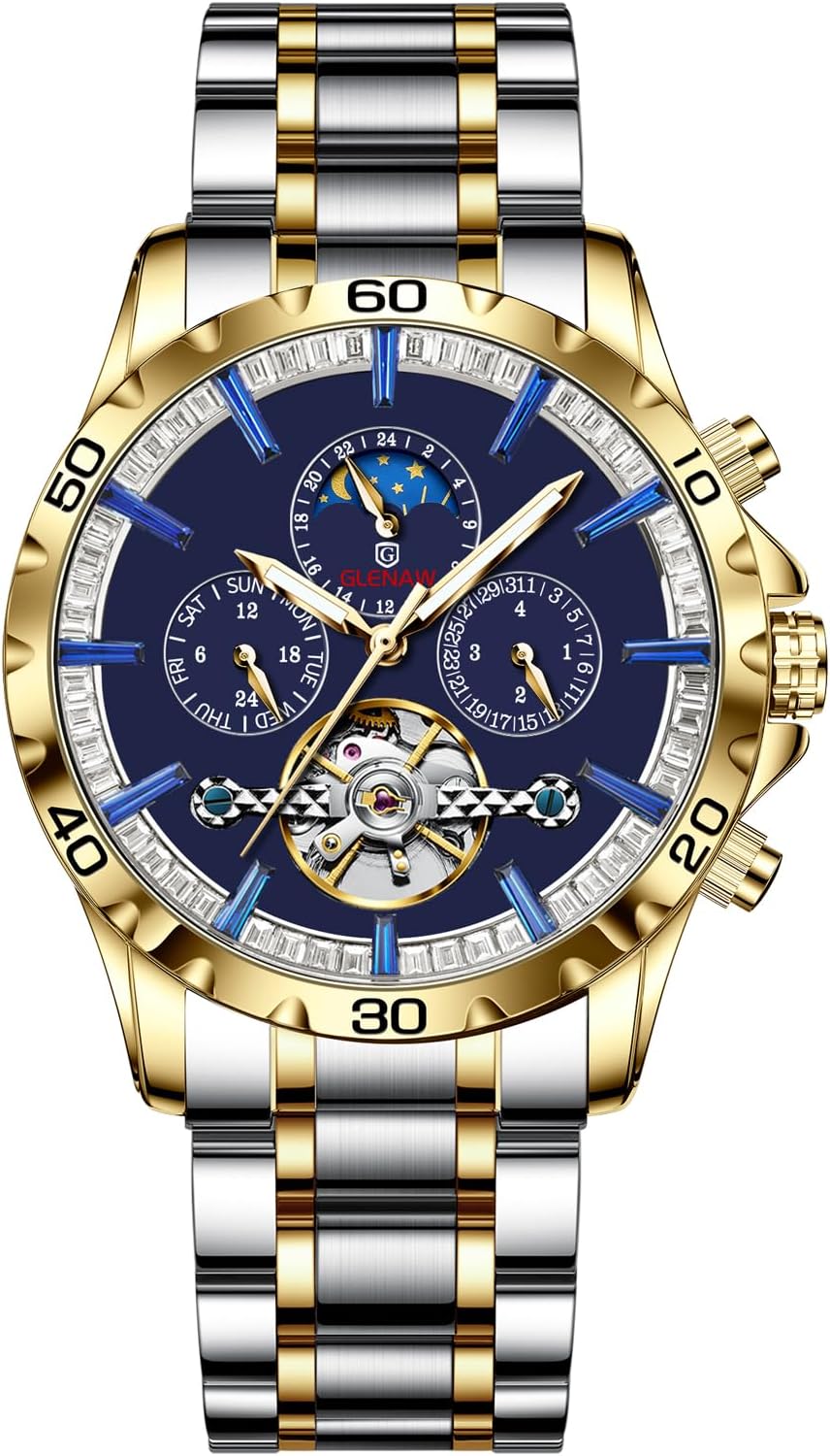 Mens Watches Automatic Mechanical Skeleton Tourbillon Luxury Self Winding Dress Wrist Watches Moon Phase Waterproof Luminous