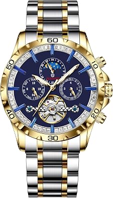 Mens Watches Automatic Mechanical Skeleton Tourbillon Luxury Self Winding Dress Wrist Watches Moon Phase Waterproof Luminous