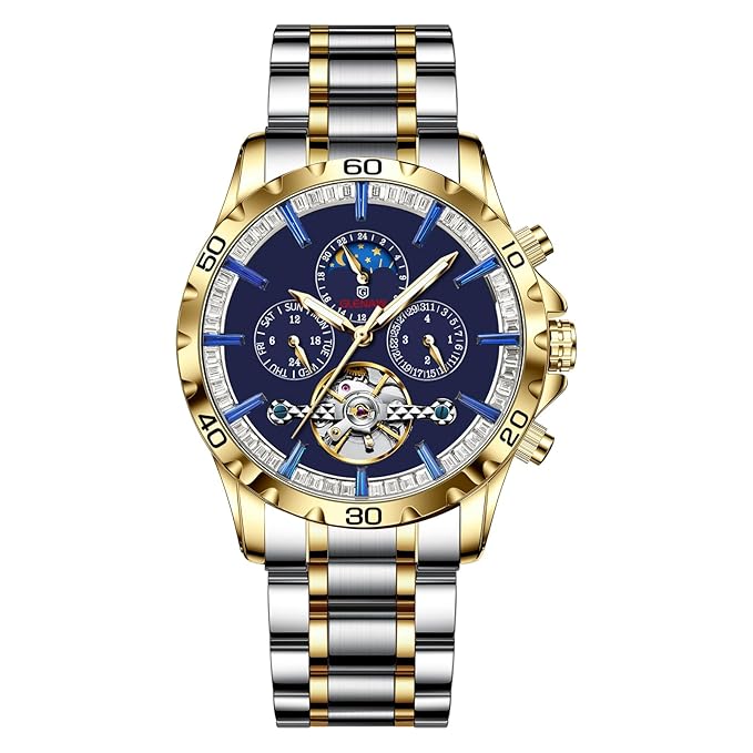 GLENAW Mens Watches Automatic Mechanical Skeleton Tourbillon Luxury Self Winding Dress Wrist Watches Moon Phase Waterproof Luminous, 8955-Gold Blue, Modern