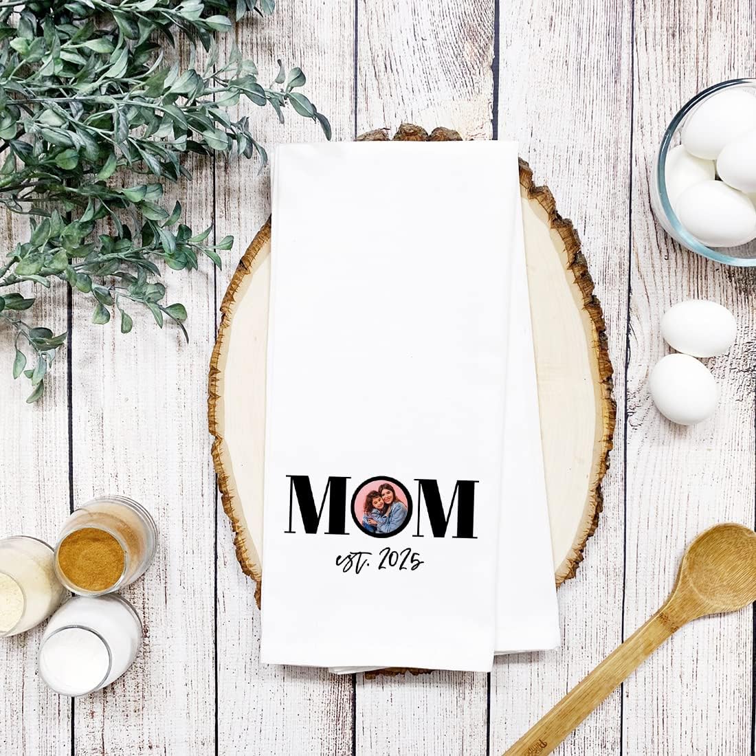 Andaz Press Personalized Flour Sack Tea Towel, Mom Custom Photo Design EST. Year Birthday for Daughter, Wife, Mom to Be, Kitchen Decor, Kitchen Gift