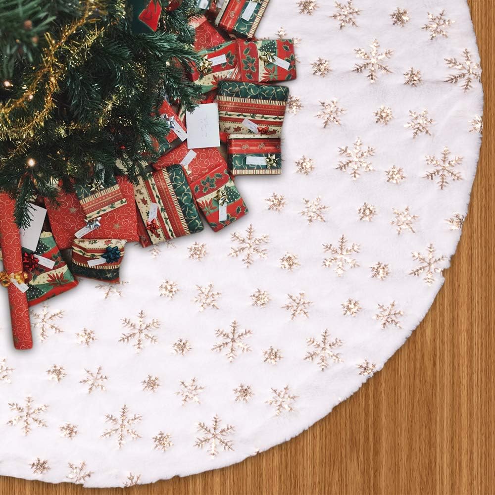 MACTING 48 Inches Plush Luxury Faux Fur Tree Skirt with Sequined Gold Snowflakes, Christmas Tree Mats for Xmas Tree Holiday Party Decorations (Gold Snowflakes, 48")