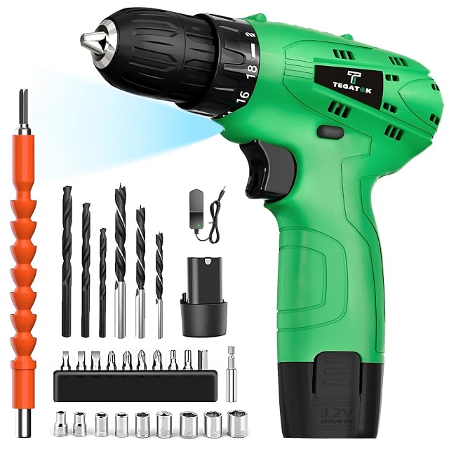 Tegatok Cordless Drill Set 12V Power Drill Set with Battery and Charger Electric Driver Drills Bits 3 8