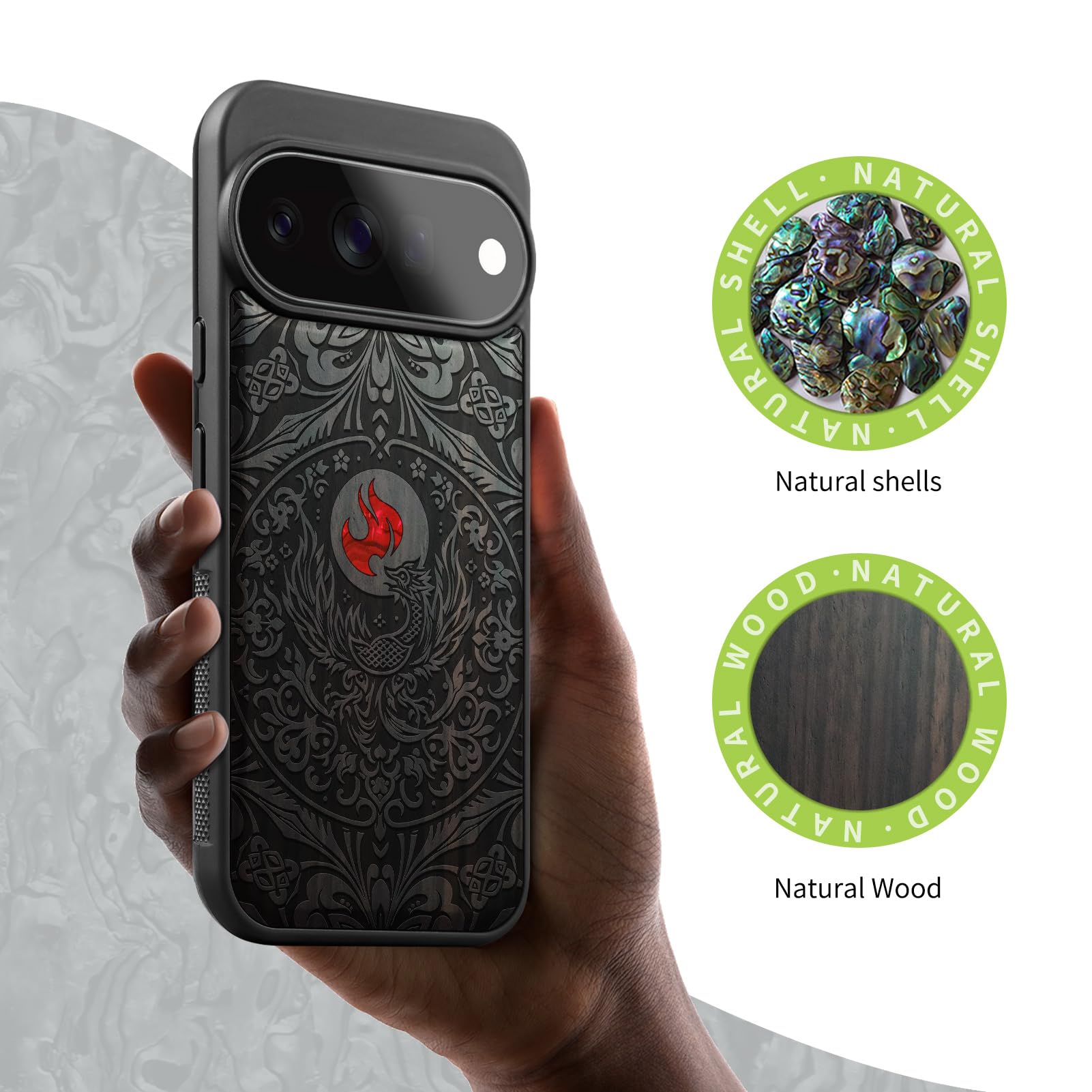 Carveit Madera Funda para Pixel 11 Pro XL (Oscura-Phoenix en simetría) | Compatible con MagSafe [Grabado en madera e incrustación de mejillones] Magnética Cover para Google Pixel 11 Pro XL Carcasa