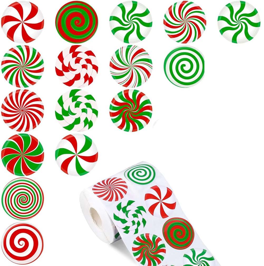 Nt-Ling Candy Christmas Stickers Roll For Envelope - Round Apples Stickers Roll Merry Christmas Sticker Self Adhesive Tag Seals Labels For Holiday Greeting, Sealing, Gifting, Gift Decorations (Candy)