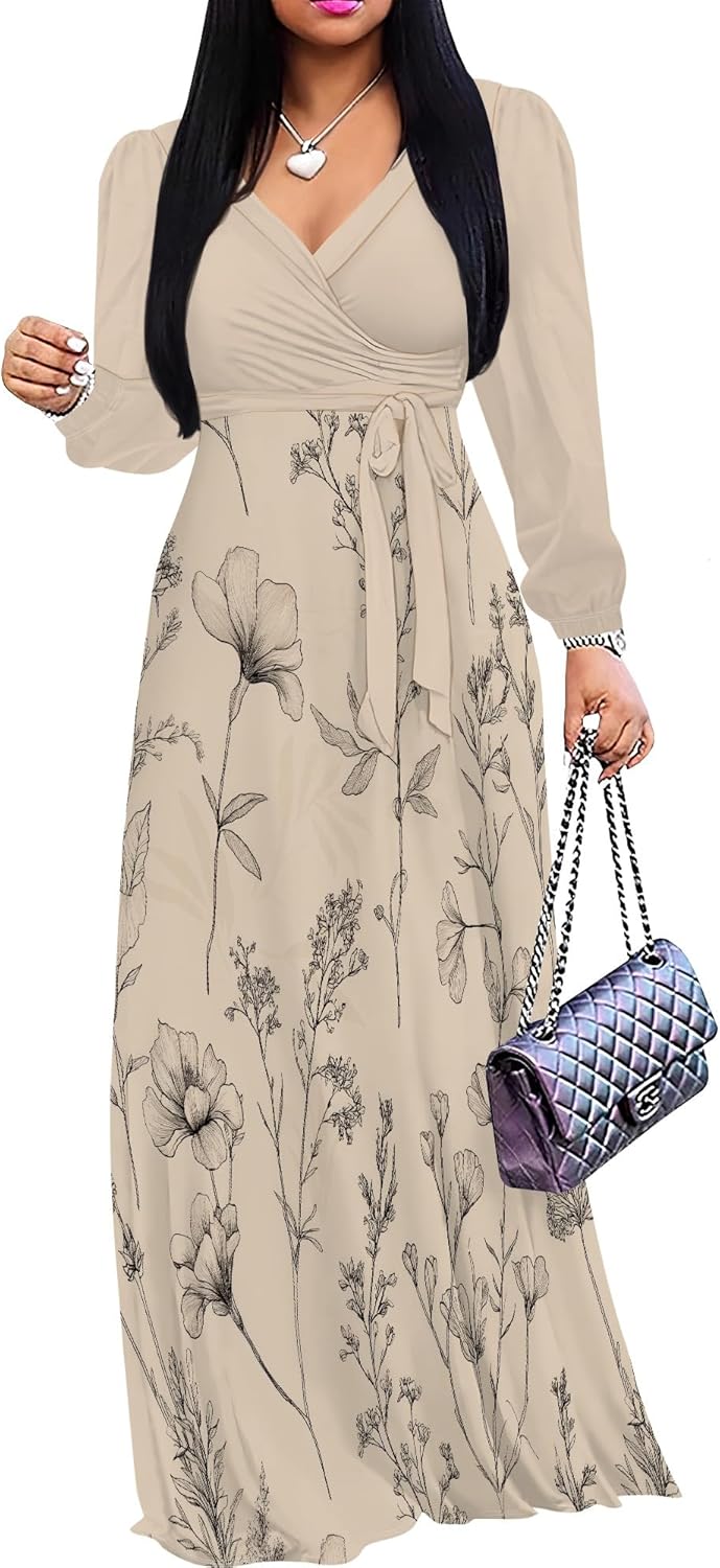 PinkPatty Women's Long Sleeve Maxi Dress Plus Size Trendy Wedding Guest Wrap Dress with Pockets&Belt