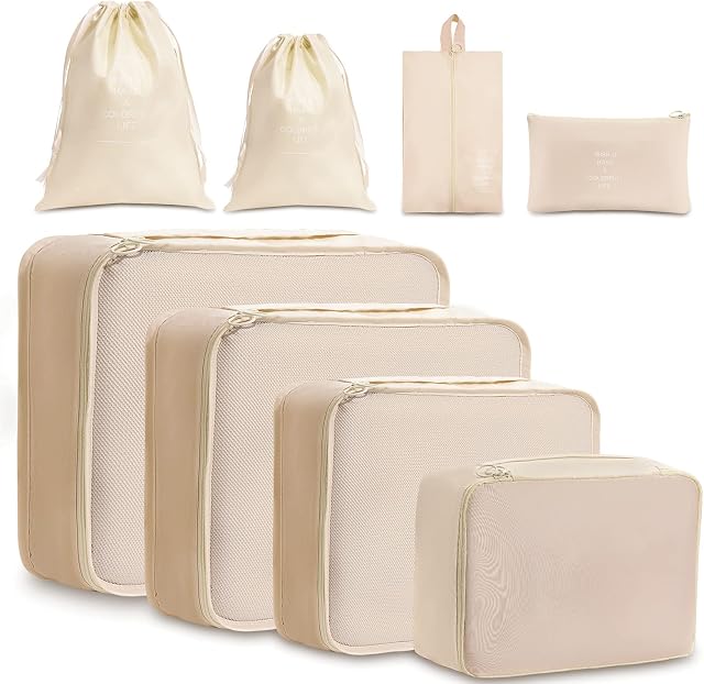 Meowoo 8Pcs Packing Cubes for Suitcases, Waterproof Travel Luggage Organizer Packing Bags Travel Essentials Bag with Shoes Bag Storage Bags(Beige)