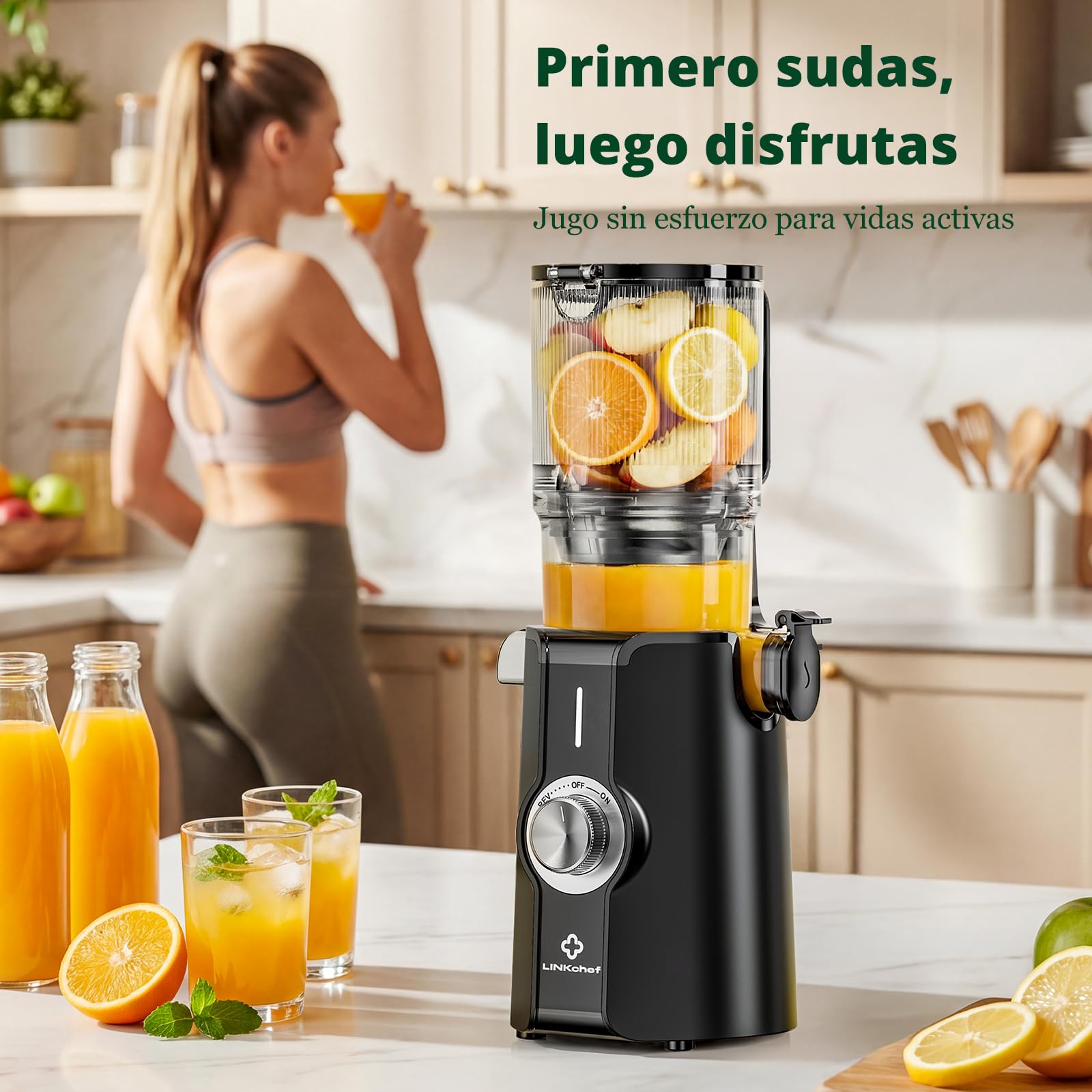 LINKChef extractor de zumos y verduras, boca de 115 mm y 1,2L licuadora para verduras y frutas Entera, slow juicer machine extractor de jugo,Fácil de Limpiar, Sin BPA,200W, Negro