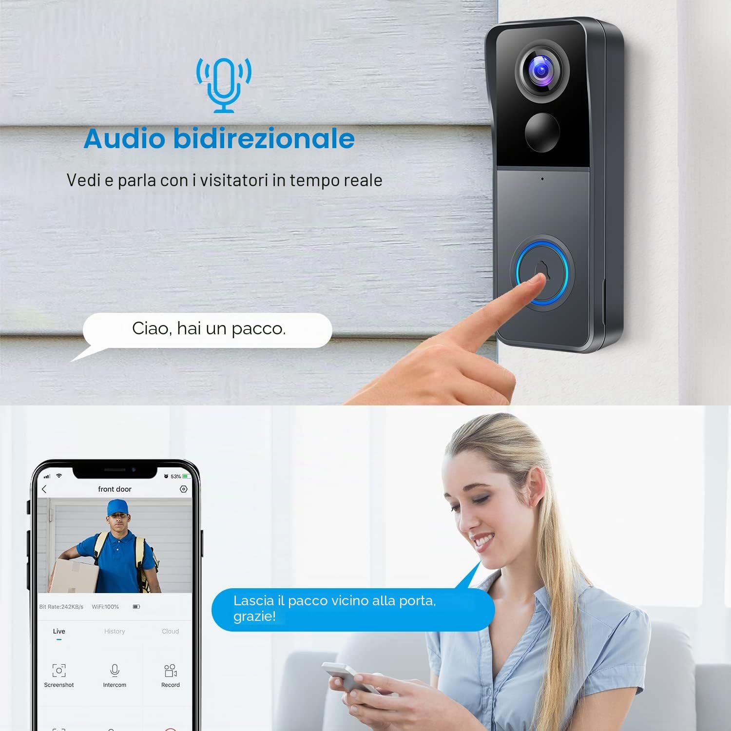 KAMEP Videocitofono con telecamera wireless, videocitofono da 2K HD, telecamera di sicurezza WiFi intelligente con rilevamento del movimento PIR, audio bidirezionale, visione notturna, impermeabile
