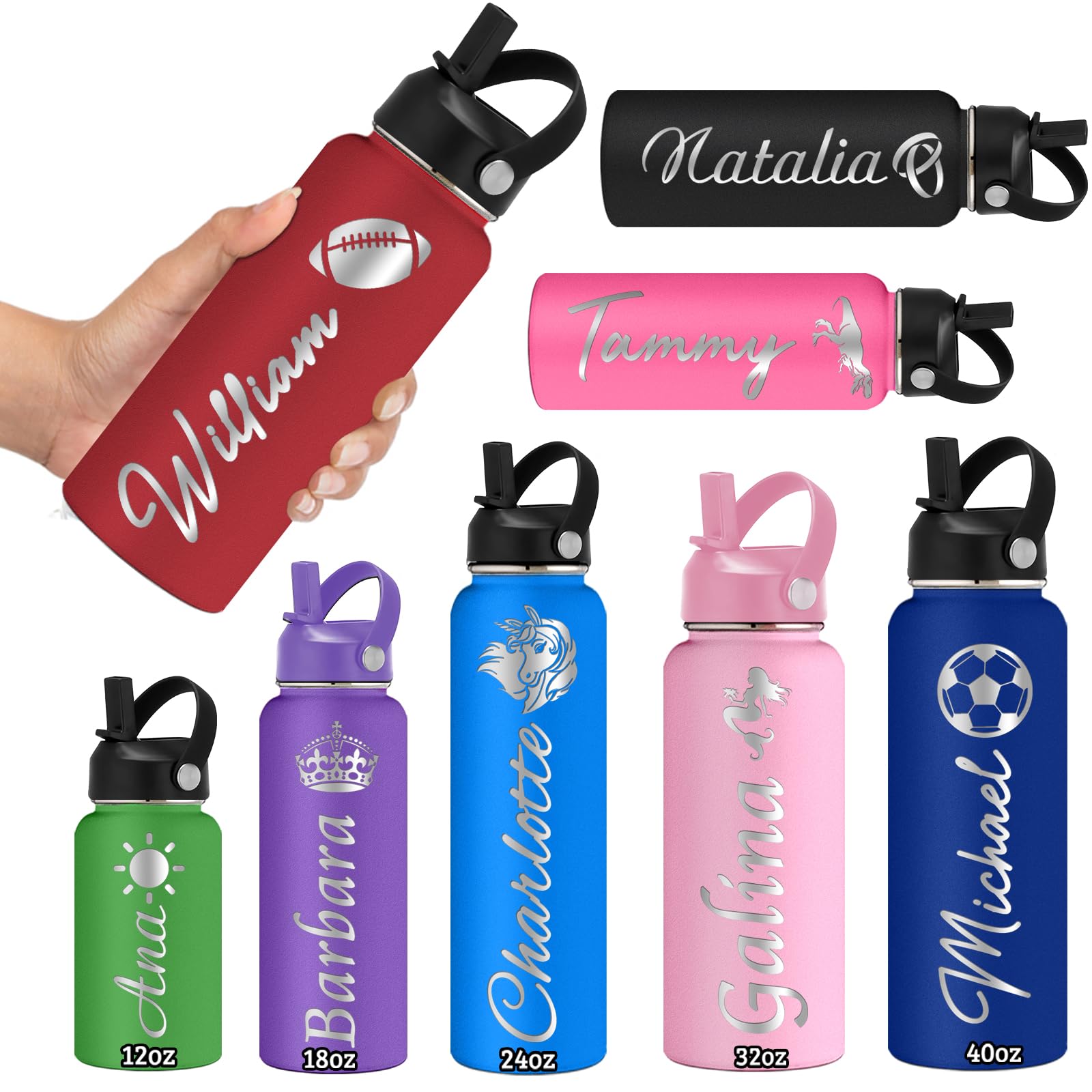 Bottiglie d'acqua personalizzate Incise 500ml WaterBottle - Pallone a doppia parete colorato, regalo allenatore regalo palestra, bottiglia riutilizzabile, calda o fredda - Italia