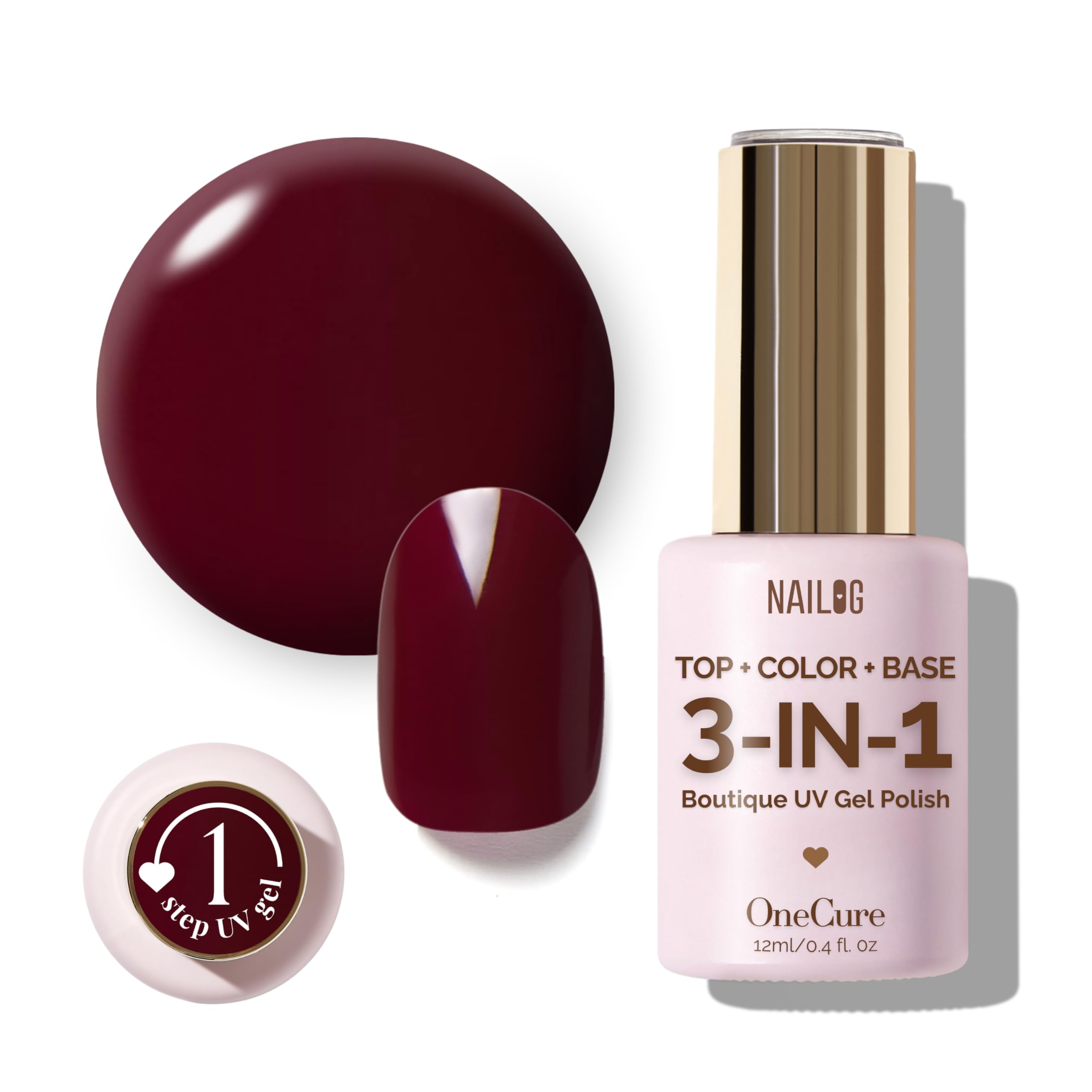 NAILOG Dark Red Gel Nail Polish 12ml Top Coat Color Gel Base One Step 3-In-1 Formula Soak Off UV Gel Polish for Home DIY & Gifting | Deep Plum Red
