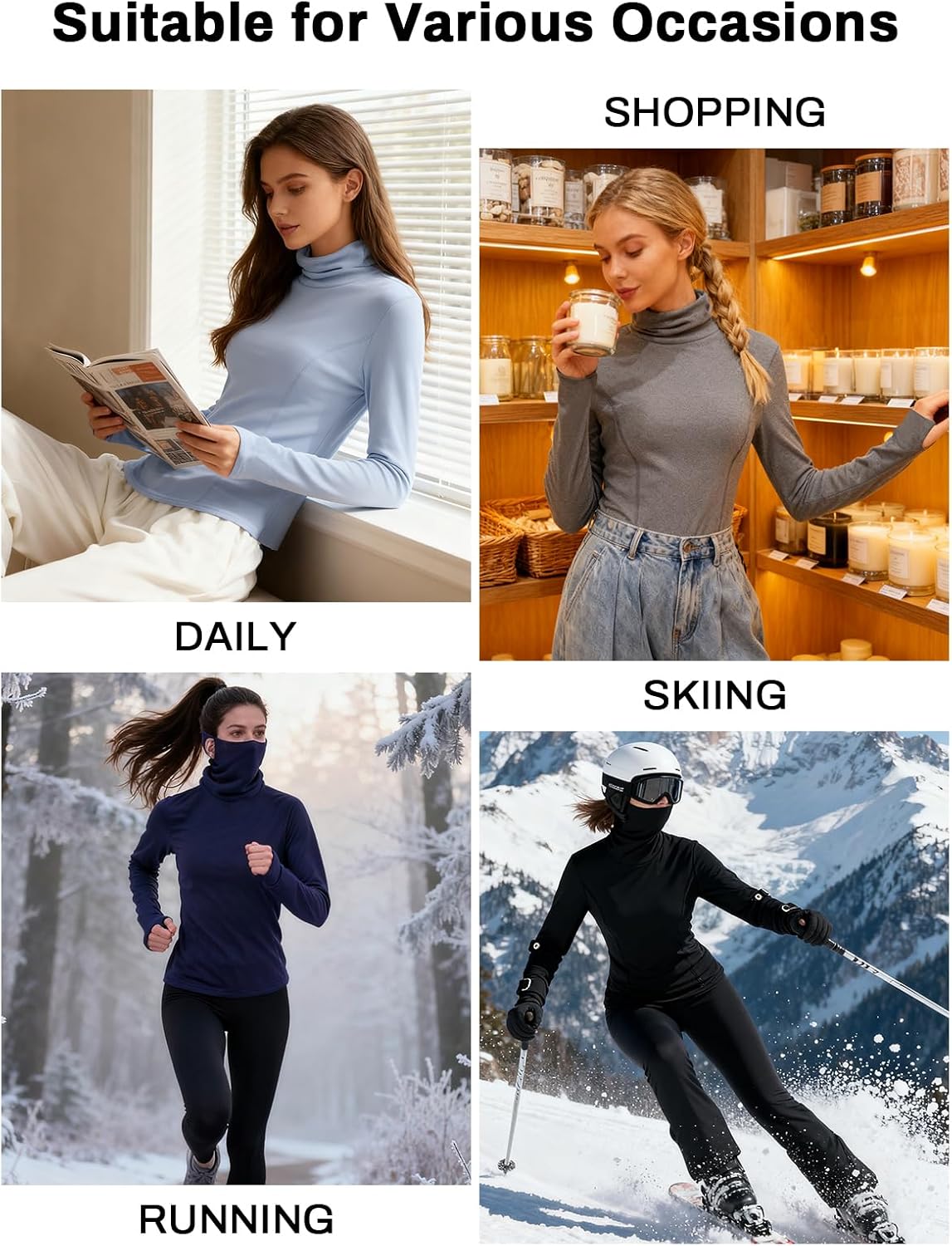 WOWENY Thermal Turtleneck Tops for Women Long Sleeve Shirts Running Base Layer with Face Mask Neck Gaiter Thumbholes - Image 6
