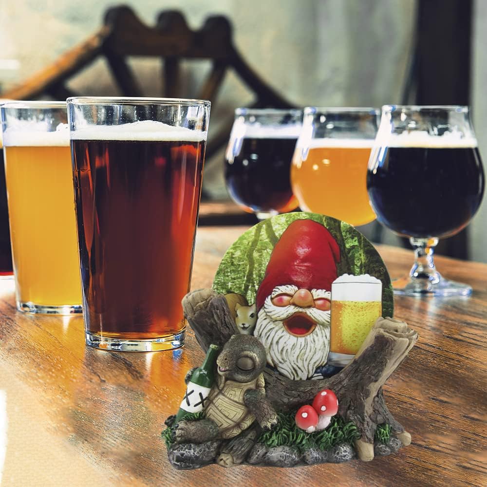 World of Wonders Gifts Gnome Life of The Party Coaster Set | 4pc Naughty Drunk Gnome Kitchen Bar Accessories | Neutral Glossy Square Coasters