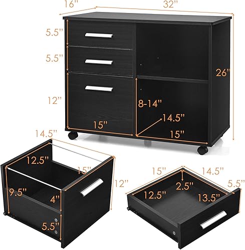Miniatura 3 de Giantex Archivador de 3 cajones, archivador lateral móvil con ruedas, soporte de impresora grande con 3 cajones y estantes de almacenamiento