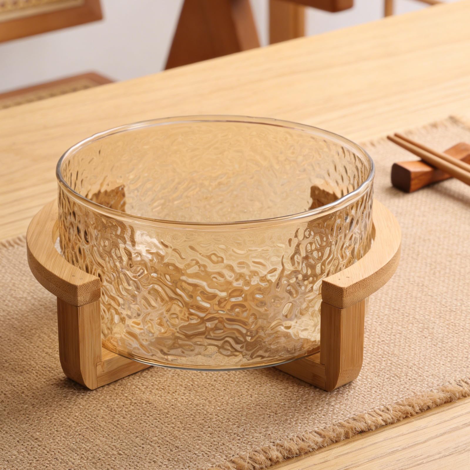 Bol para Ensalada de Vidrio con Efecto Ondas de Agua y Base de Bambú Dorado, Elegante y Resistente, Adecuado para Picnics y Mesa de Comedor